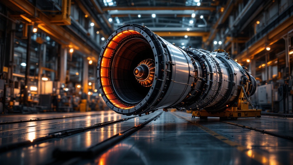 Close-up of a rocket engine nozzle assembly on a Japanese factory floor under warm industrial lighting