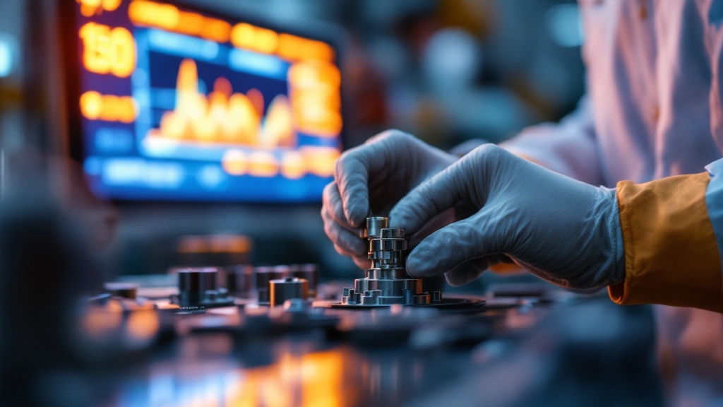 Gloved hands inspecting precision metal parts on a Japanese factory workbench with blurred energy monitoring display