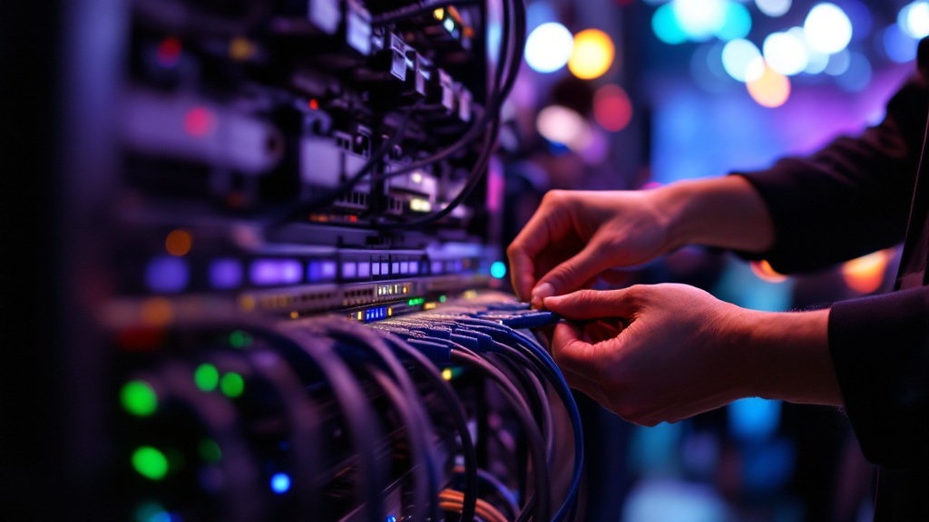 Close-up of hands connecting network cables into a portable rack at a Japanese convention venue with stage lights in background