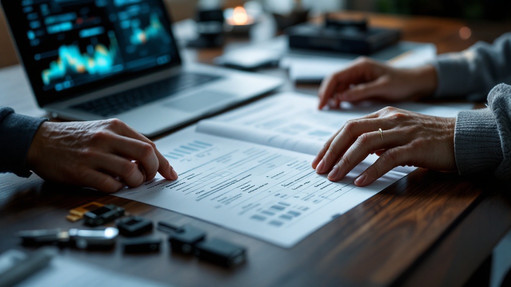 Hands arranging bilingual product documents and prototype components on a desk