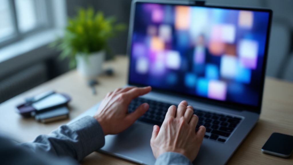 Hands and upper body silhouette performing a seated bow toward a laptop screen in a Japanese office setting