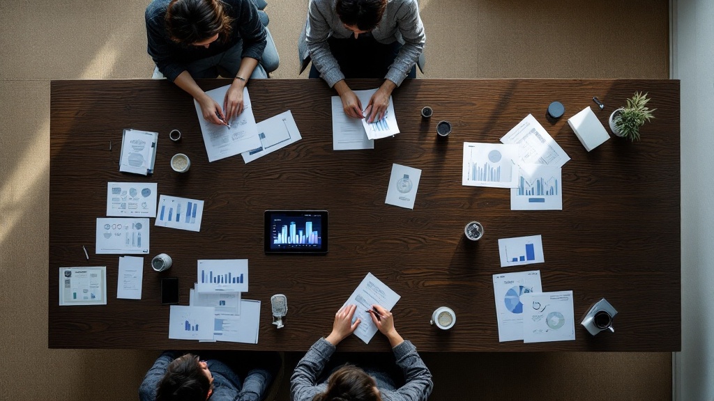 Overhead view of hands reviewing documents and data on a minimalist Tokyo conference table