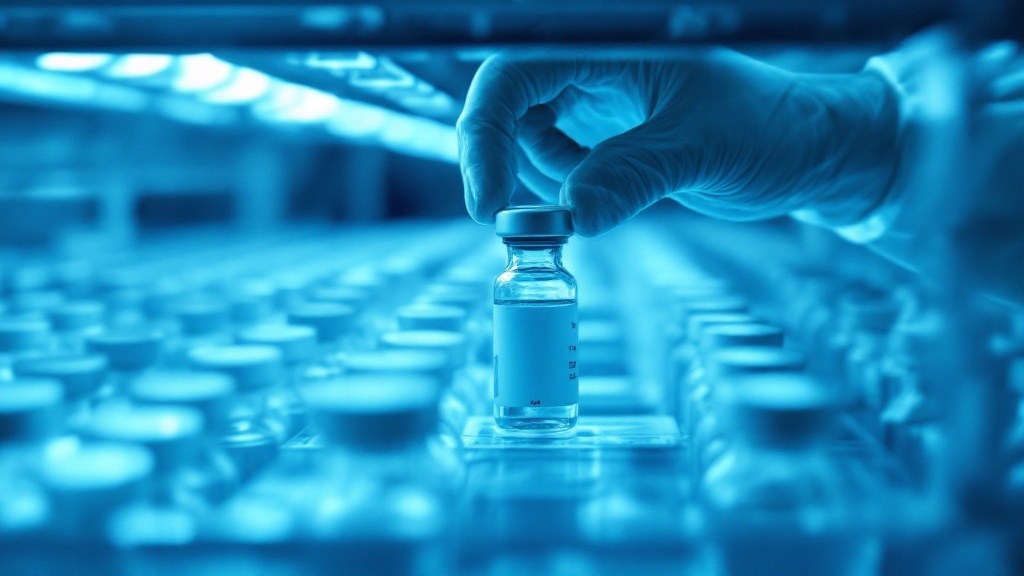 Gloved hand reaching for pharmaceutical vials in a temperature-controlled storage unit with blue LED lighting