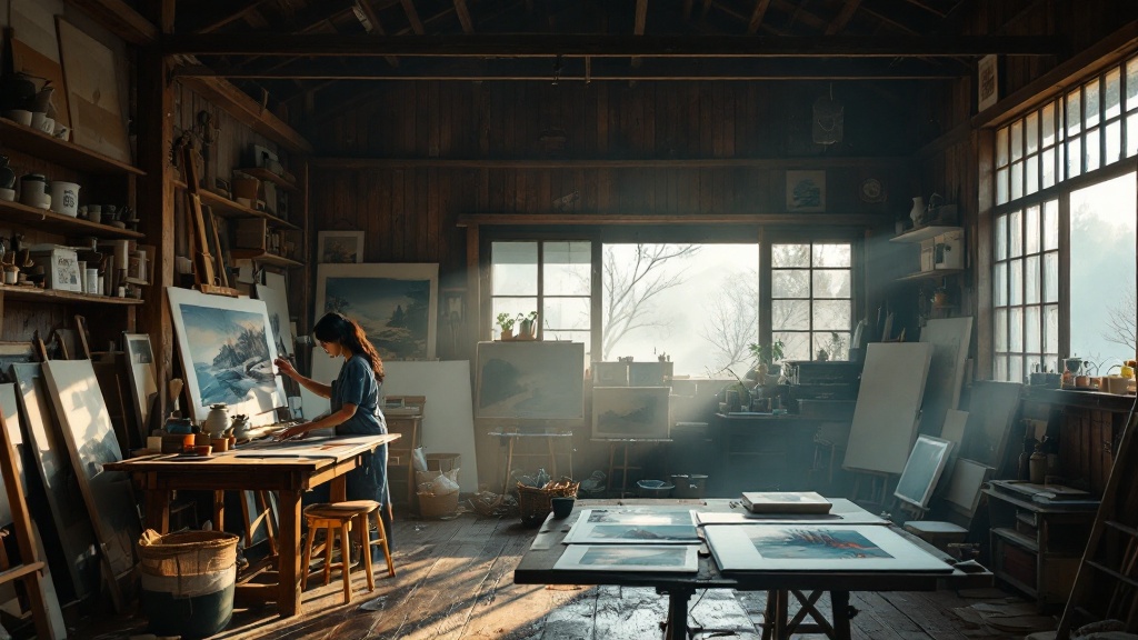 Interior of a converted Japanese farmhouse used as an artist residency studio with morning mist outside