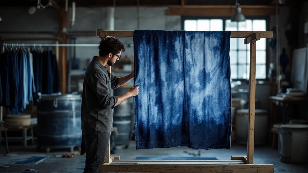 Over-shoulder view of a designer examining indigo-dyed denim on a traditional Japanese drying rack in a craft workshop