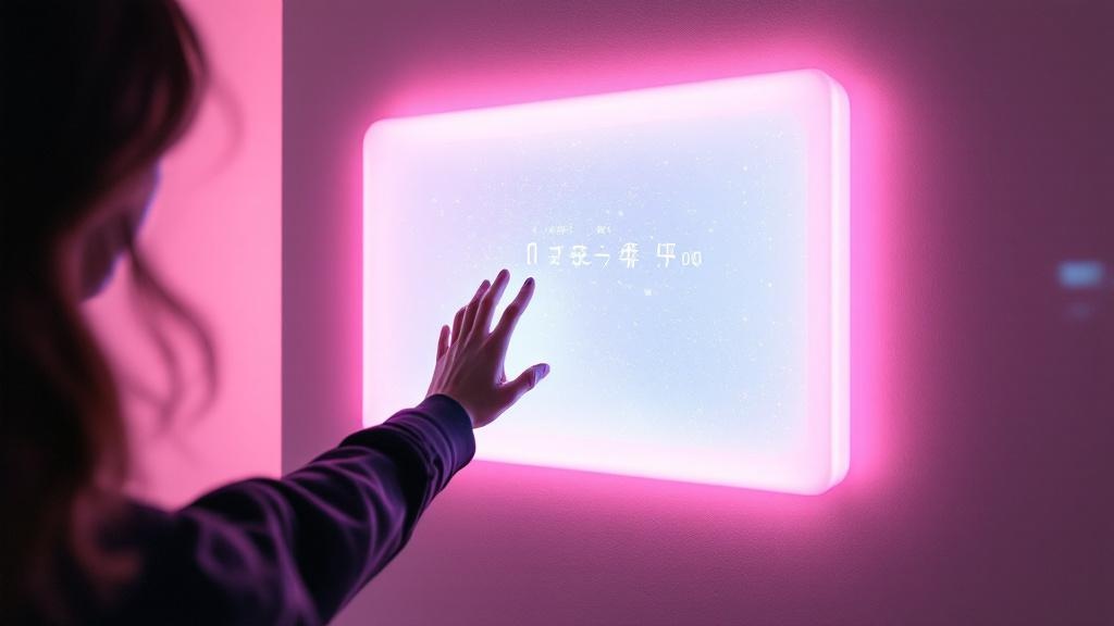 Hand reaching toward a glowing interactive display wall in a minimalist Japanese retail space with soft pink lighting