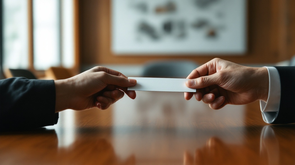 Close-up of hands exchanging business cards over a conference table in a Japanese office