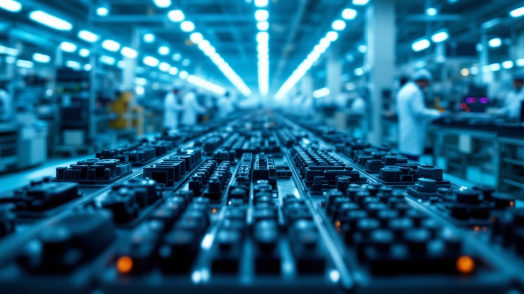 Precision automotive components on inspection trays in a brightly lit Japanese factory with blurred figures in background