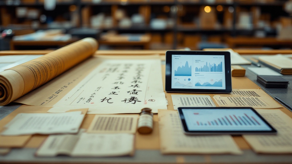 Overhead view of historical Japanese documents on a conservation table next to a tablet showing abstract data visualizations