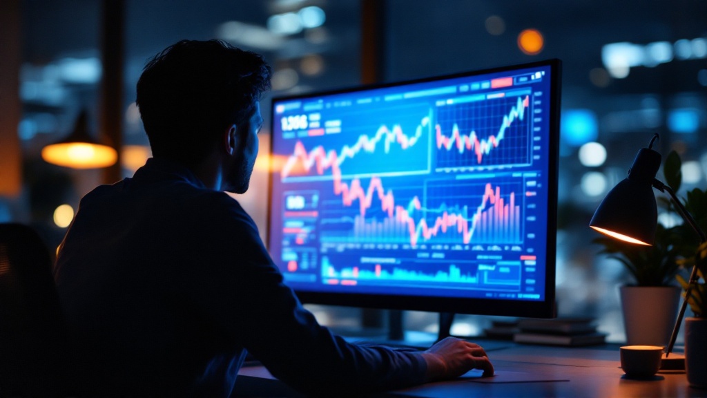 Silhouette of a person reviewing blurred economic charts on a monitor in a modern Tokyo office at night