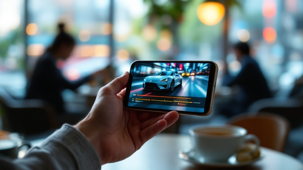 A hand holding a smartphone displaying blurred automotive video content in a bright Tokyo café