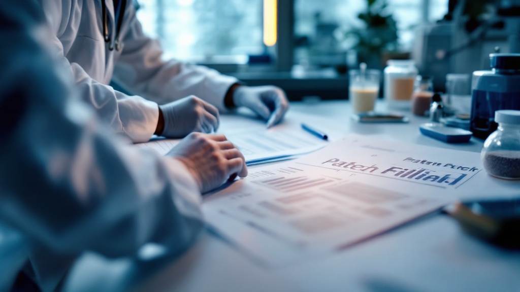 Researcher's hands reviewing patent documents on a laboratory bench in a Japanese university