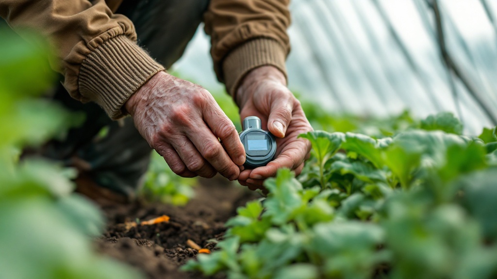Weathered farmer hands adjusting an IoT soil moisture sensor between vegetable rows in a Japanese greenhouse