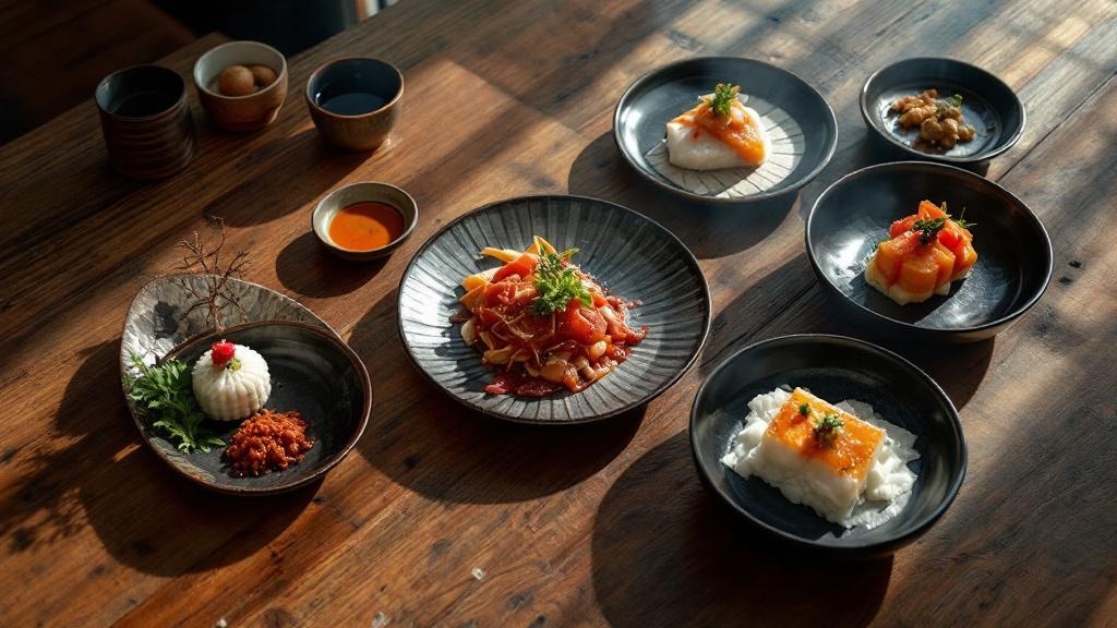Overhead view of a styled Japanese kaiseki course on dark ceramic plates arranged on a hinoki wood table with soft natural window light