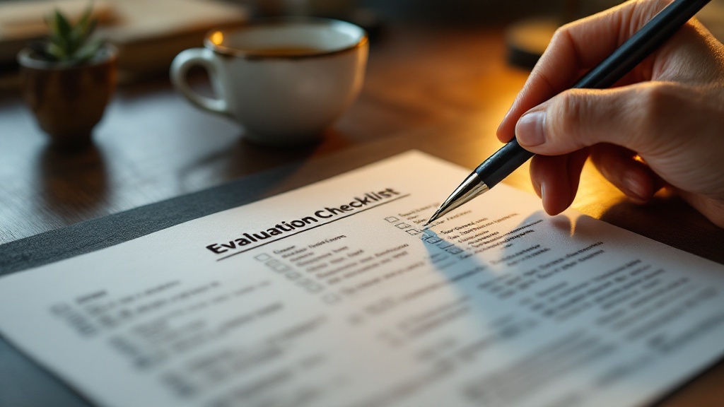 Hand holding a pen over an evaluation checklist on textured paper beside a ceramic tea cup