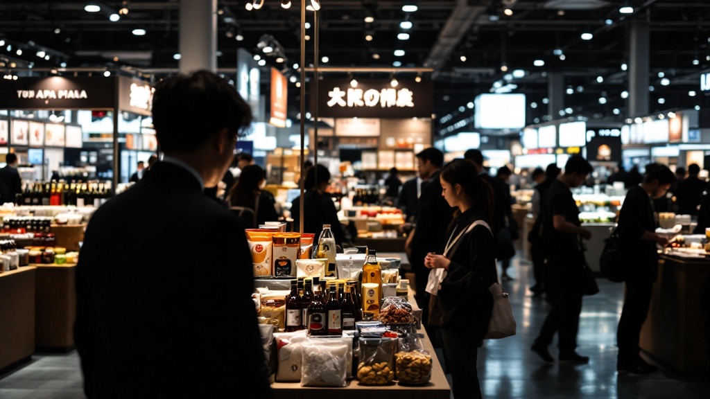 Over-shoulder view of a Tokyo trade fair exhibition hall showcasing Japanese food products for export