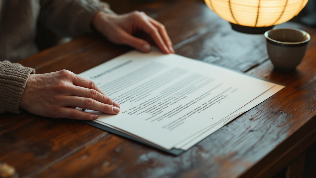 Close-up of hands placing a document folder on a lacquered Japanese table beside a ceramic teacup