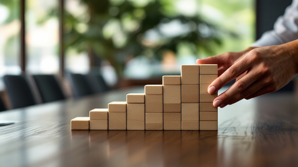 Hands arranging wooden blocks into ascending steps on a conference table with Japanese architectural details