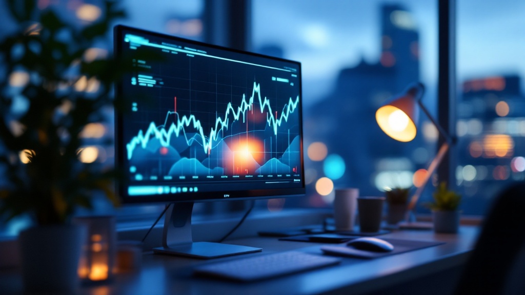 Tokyo office desk at twilight with monitor showing abstract upward trend graph