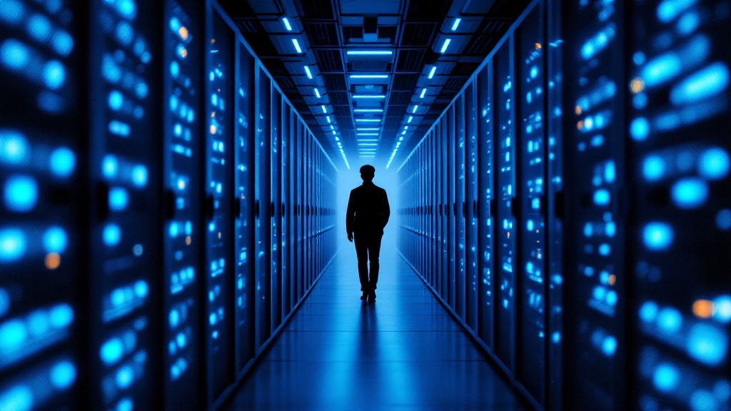 Silhouetted figure walking through a blue-lit server room corridor in a Japanese data center