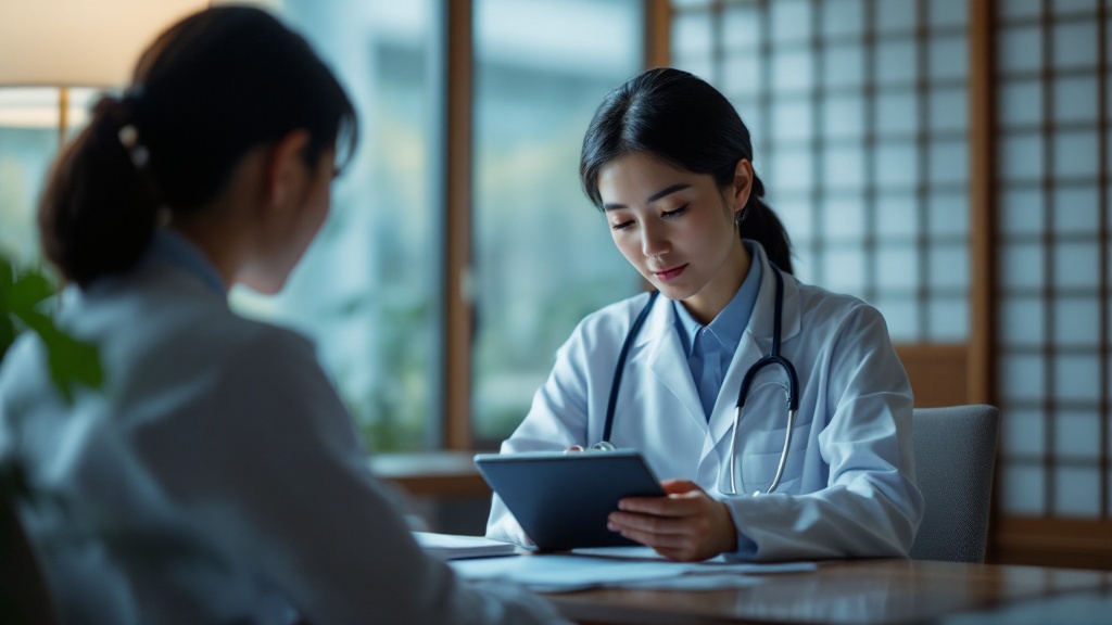 Over-the-shoulder view of a medical professional using a tablet in a Japanese consultation room