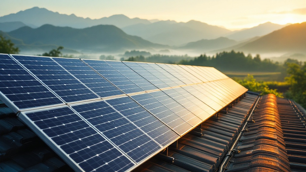 Solar panel arrays on a Japanese rooftop with misty green mountains in the background at sunrise