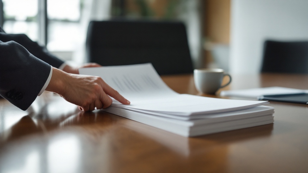 Hands placing a proposal document on a polished conference table in a minimalist Japanese office