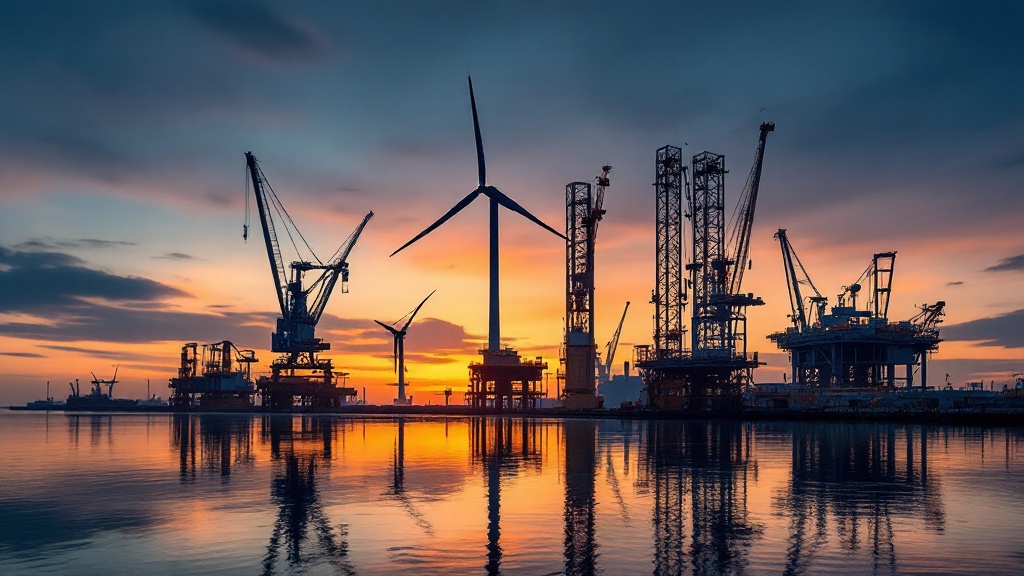 Wind turbine foundation structures and crane silhouettes at a Japanese harbor at dawn