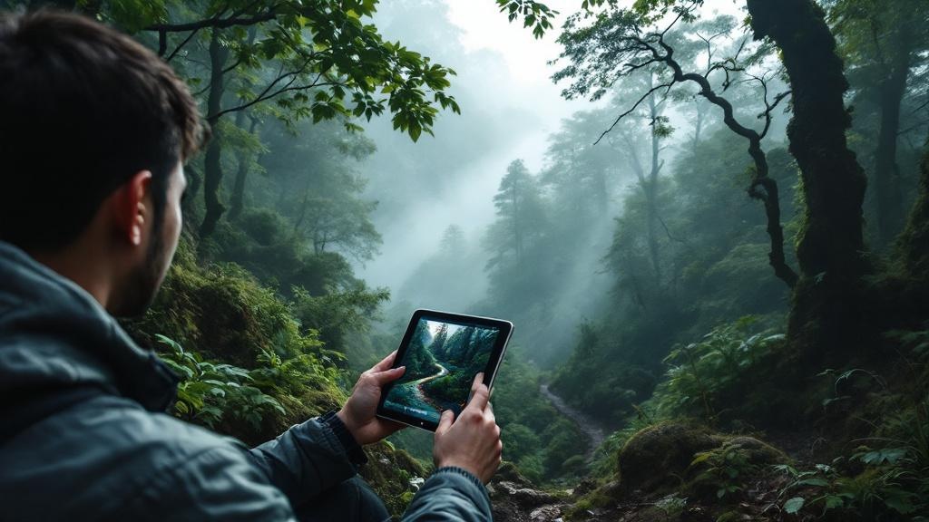 Over-the-shoulder view of a person holding a tablet on a misty forested mountain trail in Japan