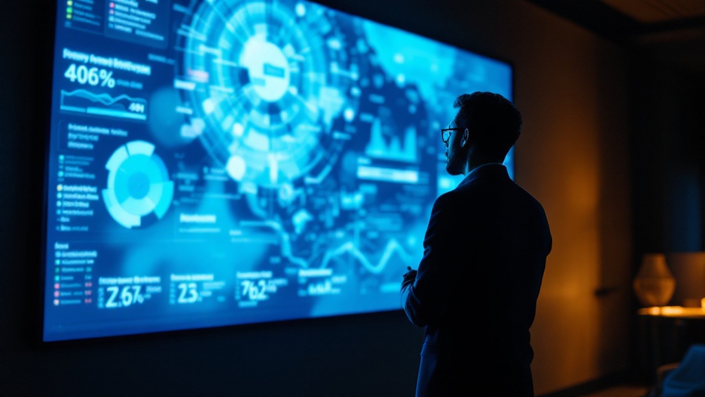 Silhouette of a project manager viewing abstract data visualizations on a large display in a Tokyo office