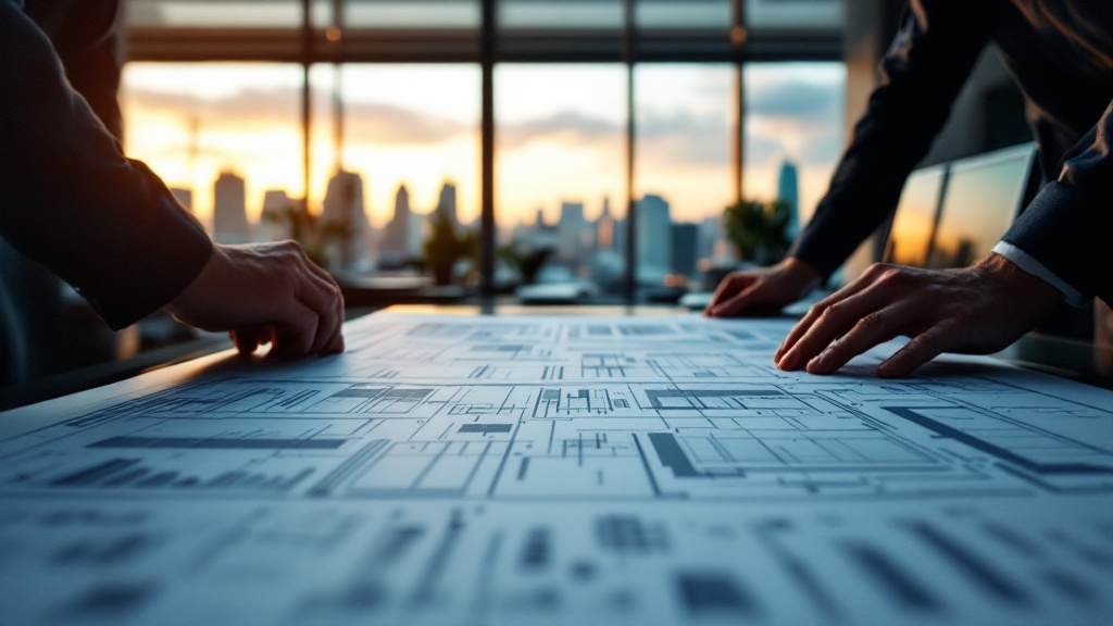 Engineers' hands reviewing technical blueprints on a conference table with Tokyo skyline visible through windows at golden hour
