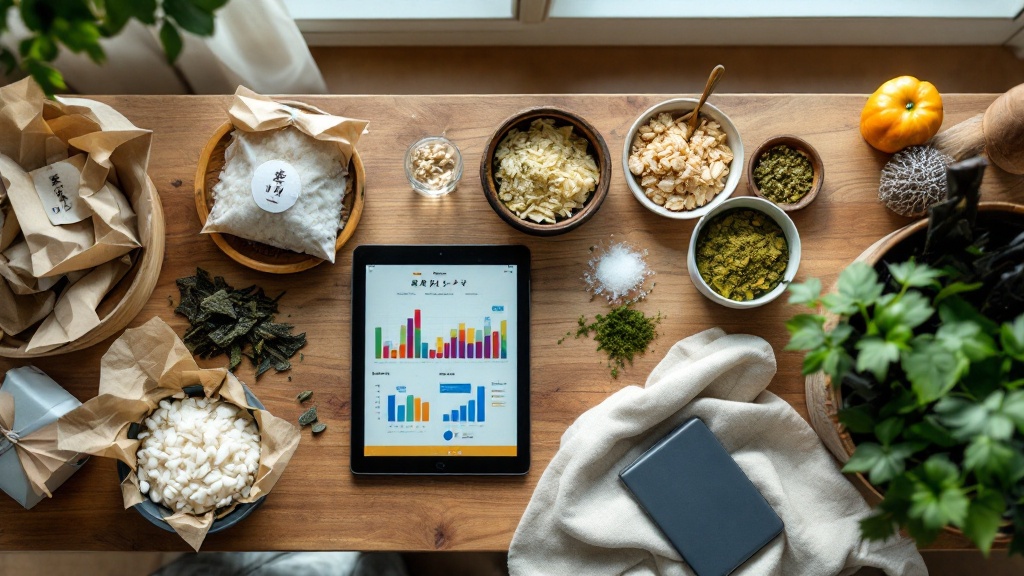 Overhead view of Japanese organic produce in traditional packaging beside a tablet with abstract data visuals
