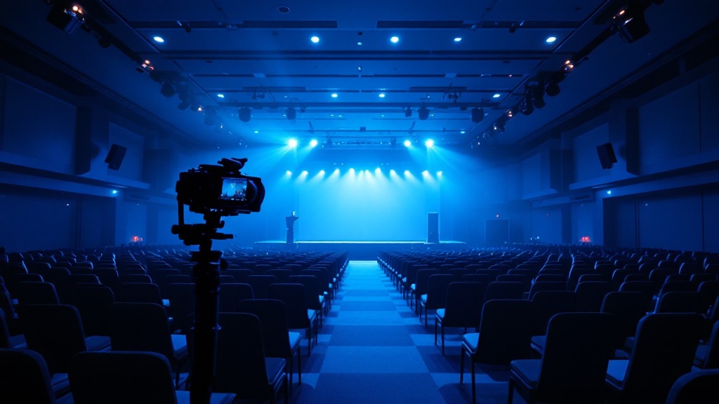 Dimly lit Japanese conference hall with a camera rig facing the stage under atmospheric blue lighting