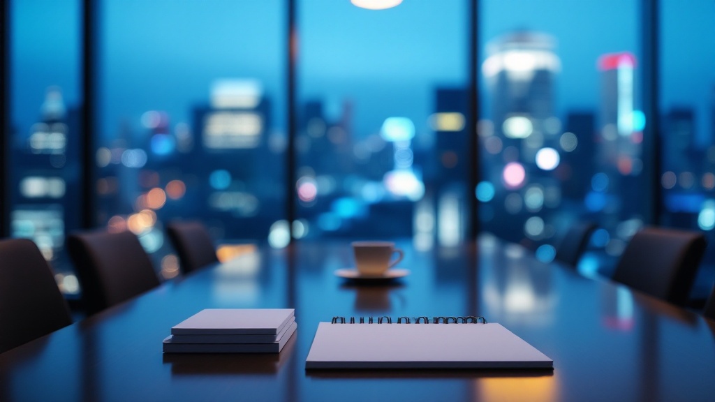 Japanese conference room at twilight with business cards on table and Tokyo skyline in background