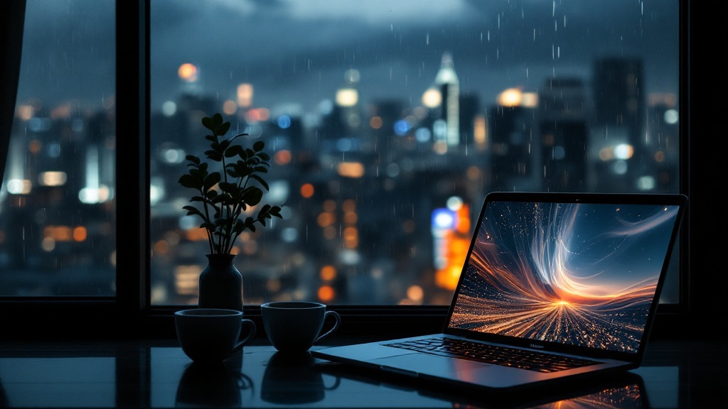 Two teacups beside a glowing laptop near a rain-speckled window reflecting Tokyo city lights at night