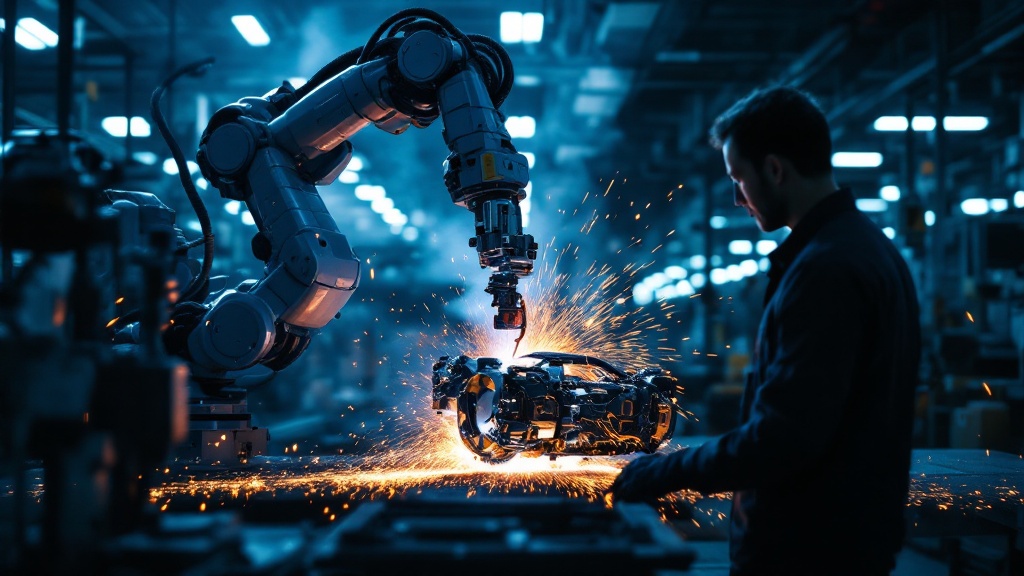 Robotic welding arm with frozen sparks on a Japanese factory floor observed by an engineer silhouette