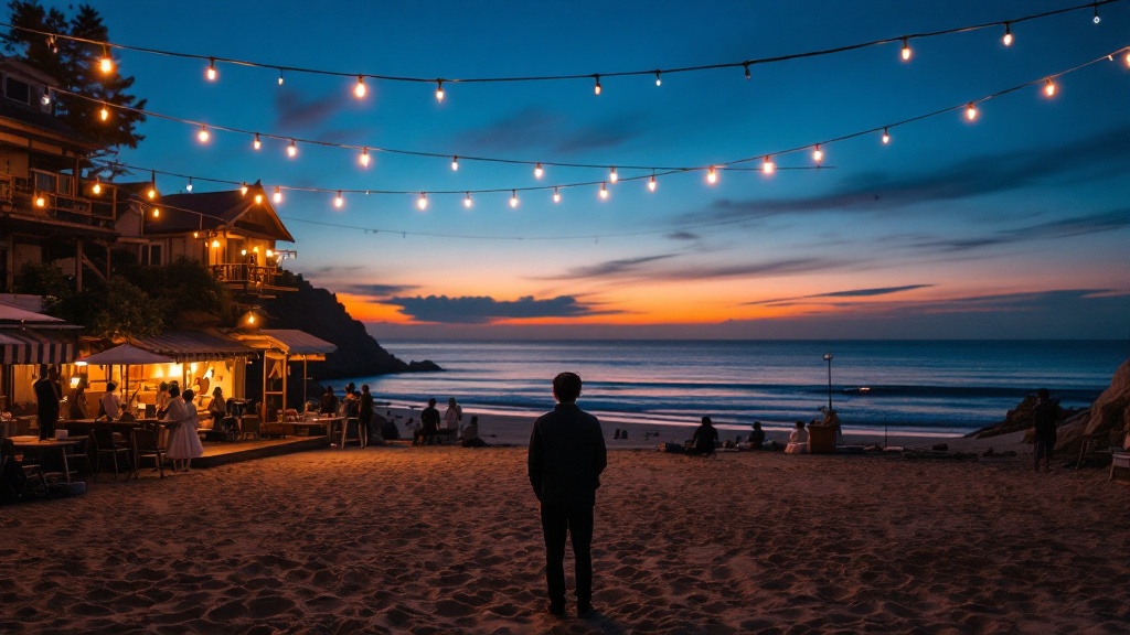 Twilight view of an outdoor performance stage in a Japanese coastal town with string lights and ocean horizon