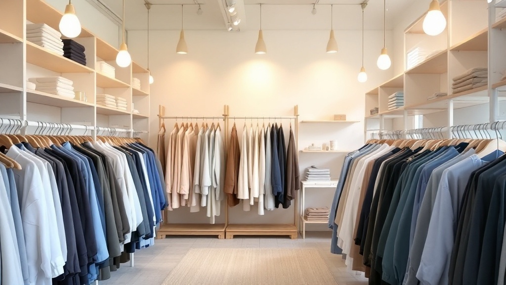 Color-organized clothing racks in a bright minimalist Japanese retail space with wooden shelving