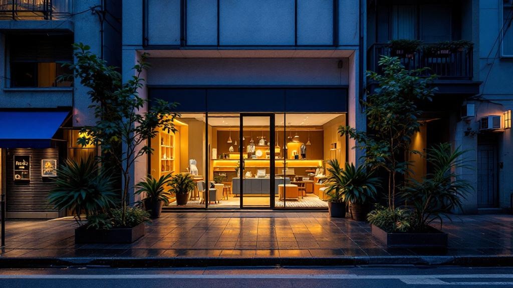 Aerial view of a warmly lit pop-up retail installation on a narrow Omotesando street at dusk with wet pavement reflections