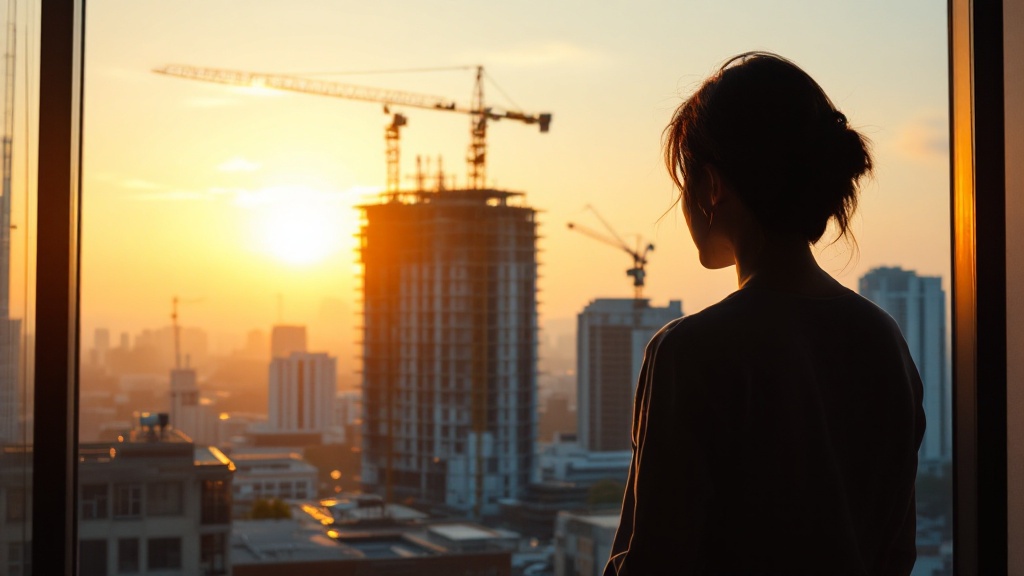 Silhouette of a person overlooking a Japanese urban redevelopment construction site at golden hour
