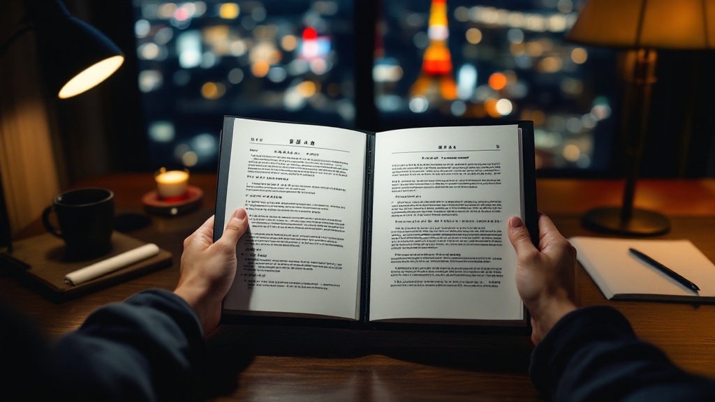 Hands reviewing Japanese and English legal documents side by side on a walnut desk with Tokyo skyline through window