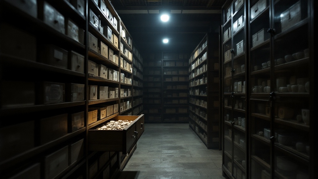 Rows of archival storage cabinets in a dimly lit Japanese museum vault with one illuminated open drawer