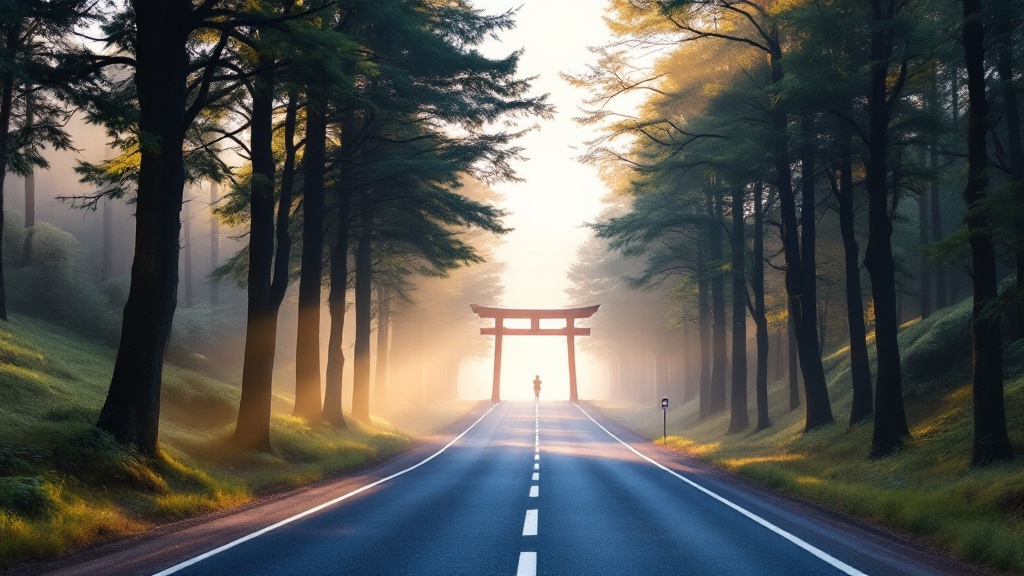 Empty marathon course through a misty Shizuoka mountain valley at dawn with Japanese cedar trees