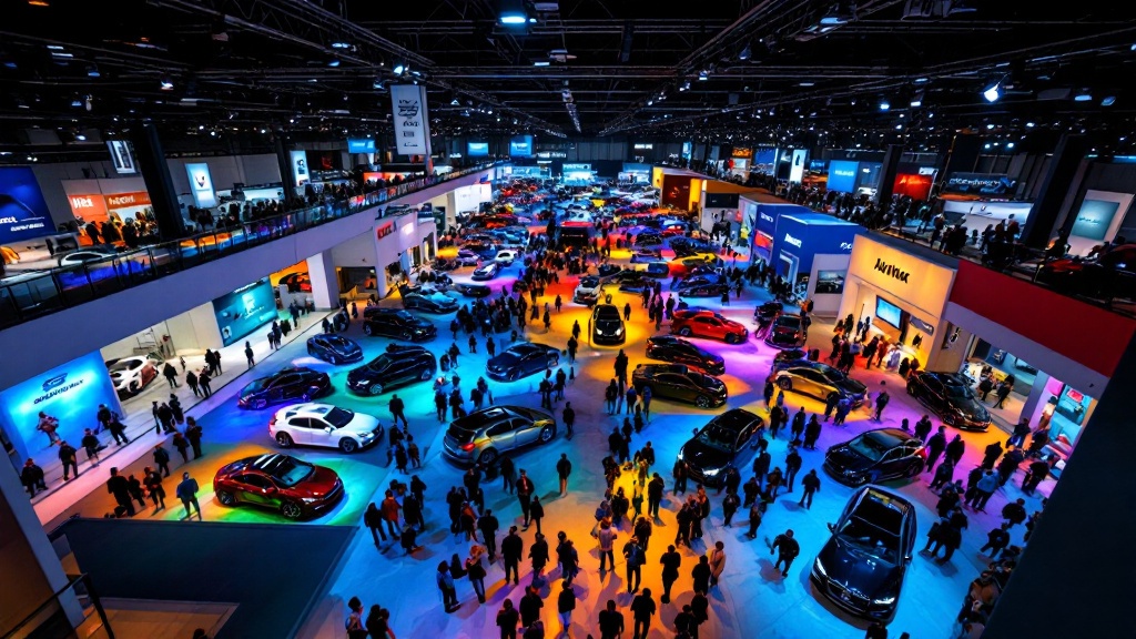Elevated wide-angle view of a crowded automotive exhibition hall with colorful booth lighting and motion-blurred attendees