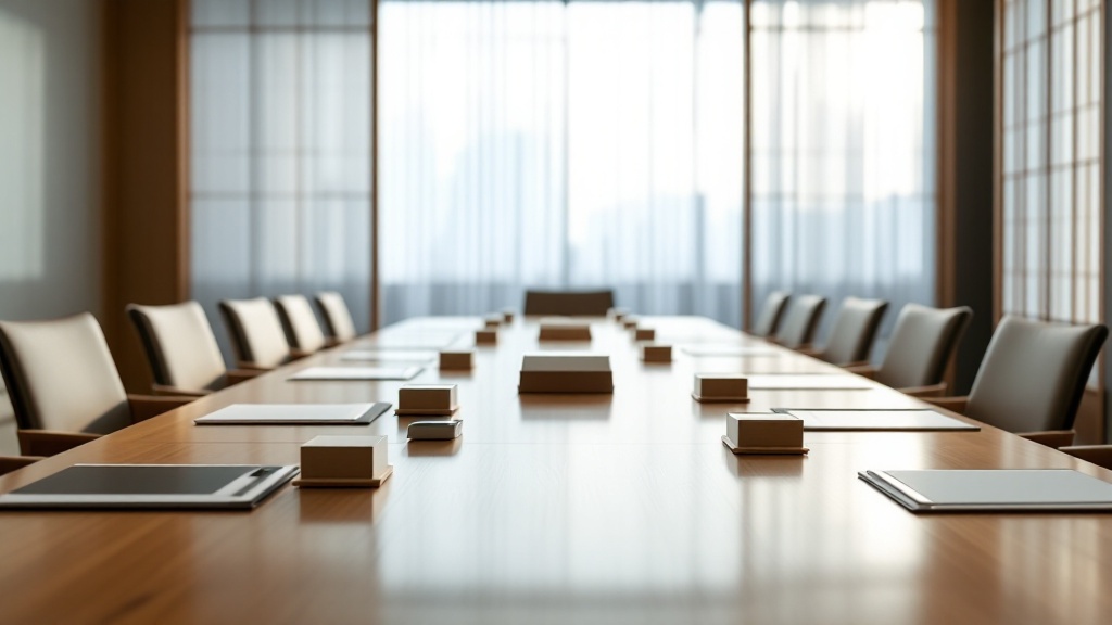 Empty Japanese corporate meeting room with contract binders and business card holders on an oak table