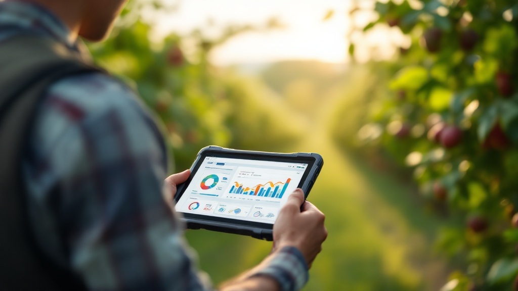 Over-the-shoulder view of a farmer checking blurred analytics on a tablet in a sunlit Japanese orchard