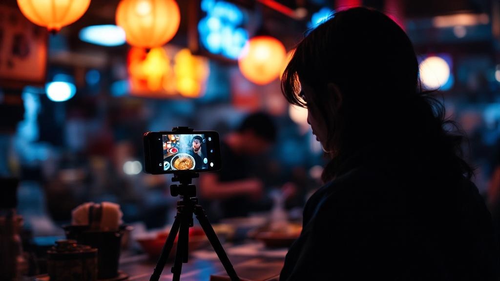 Silhouette of a person filming a steaming ramen bowl with a smartphone on a tripod at a dimly lit Tokyo ramen counter