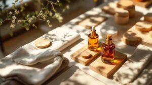 Overhead view of curated sensory brand elements including fabric, fragrance bottles, and wood samples on a minimalist retail display