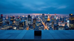 Aerial twilight view of Tokyo Marunouchi business district with warm office lights