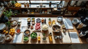 Overhead view of Japanese seasonal ingredients alongside laboratory instruments on a Tokyo test kitchen counter
